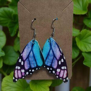 Vegan Leather Blue/Pink Butterfly Wing Earrings.